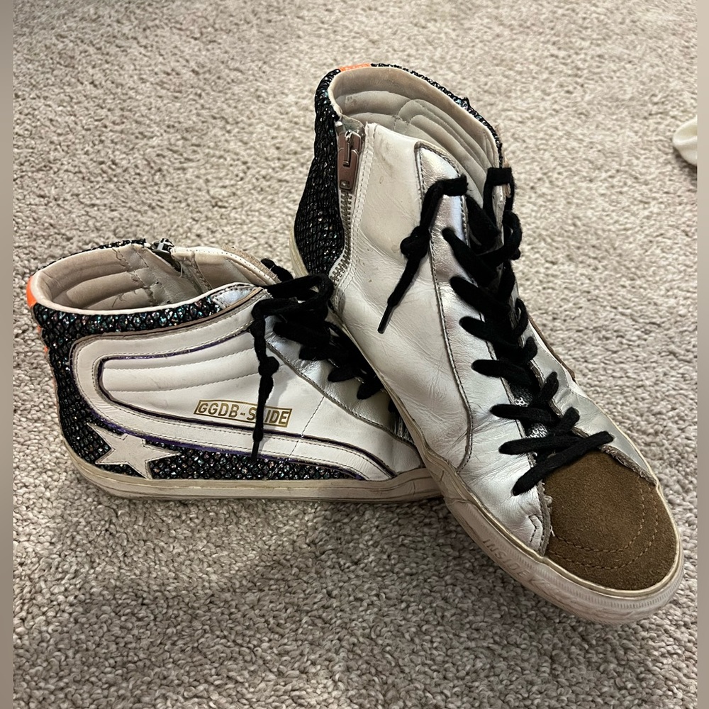 New Golden Goose Slide with suede toe with glitter net and a leather star